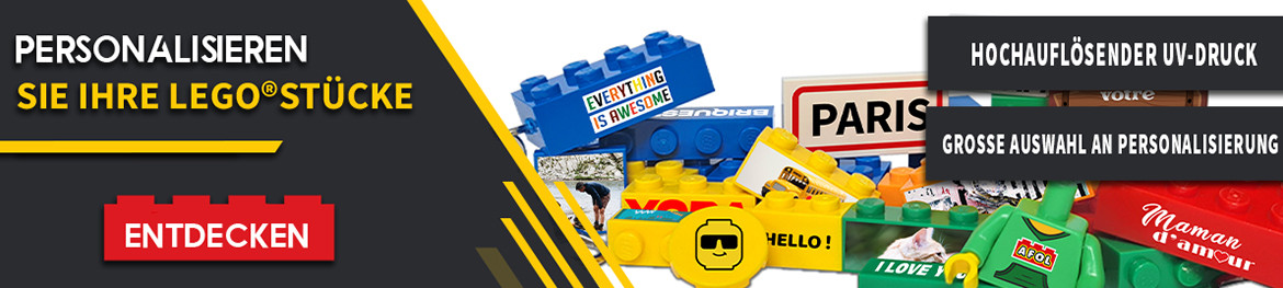 Personalisieren Sie Ihre Lego®-Teile mit unserem hochauflösenden UV-Druck und unserer großen Auswahl an Personalisierungen.